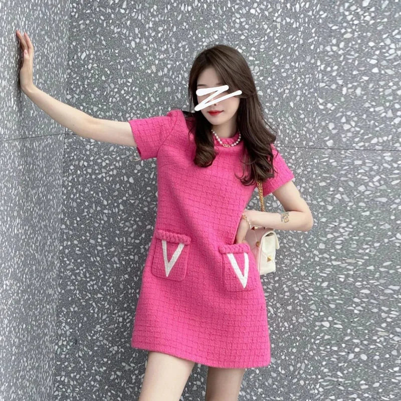Summer New Women's Tweed Round Neck Straight Tube Pink Chic Slim Party Dress Sweet