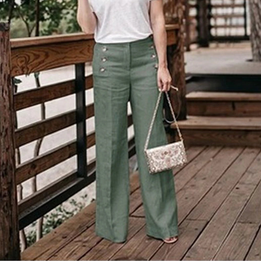 Pants Women Wide Leg Pants Solid Color Buttons High Waist Wide Leg Pants Women Cotton Linen Long Trousers Loose Pants All-match