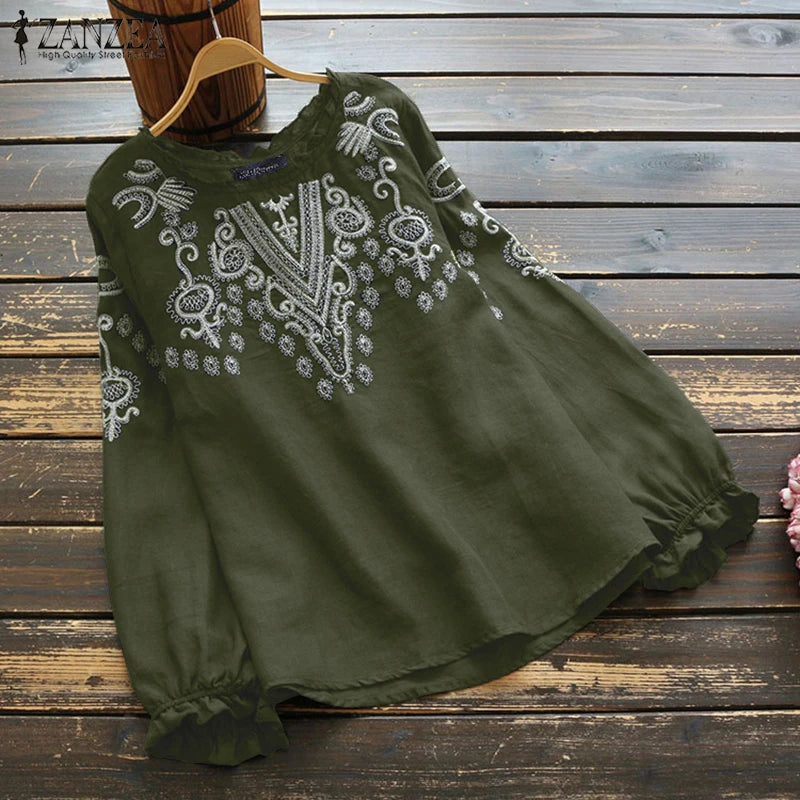 ZANZEA Women Vintage Cotton Linen Blouse Spring Long Sleeve Ruffles Tops Femininas Embroidery Shirt Robe Casual O Neck Blusas 7