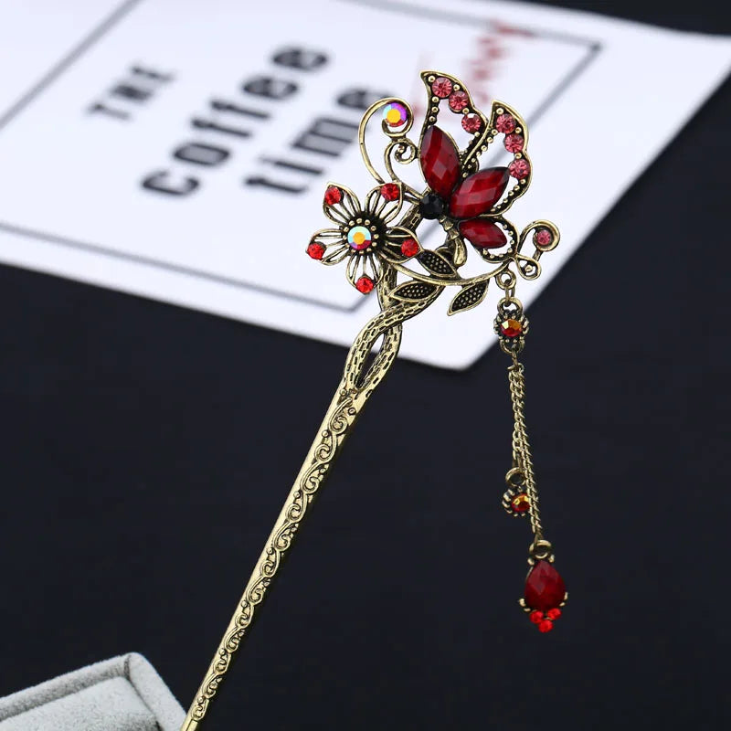 Vintage Rhinestone Butterfly Hair Stick Jewelry Wedding Hair Accessories Charm Metal Hairpins