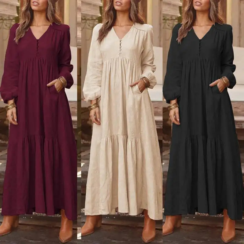 Bohemian Shirt Dress Women's Maxi Sundress ZANZEA Spring Elegant Casual V Neck Ruflle Vestido Female Long Sleeve Tunic Robe