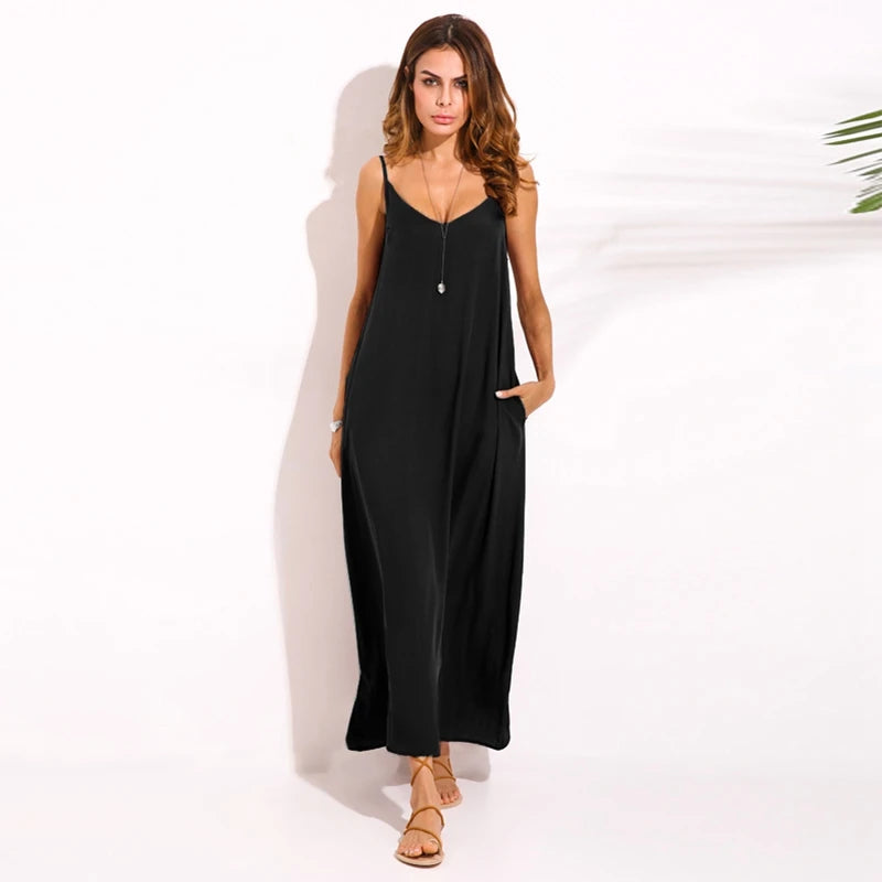 Summer ZANZEA Women Strapless Sexy V Neck Sleeveless Dress Casual Loose Long Maxi Solid Dress White Oversized