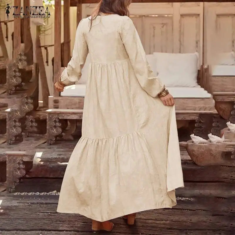Bohemian Shirt Dress Women's Maxi Sundress ZANZEA Spring Elegant Casual V Neck Ruflle Vestido Female Long Sleeve Tunic Robe