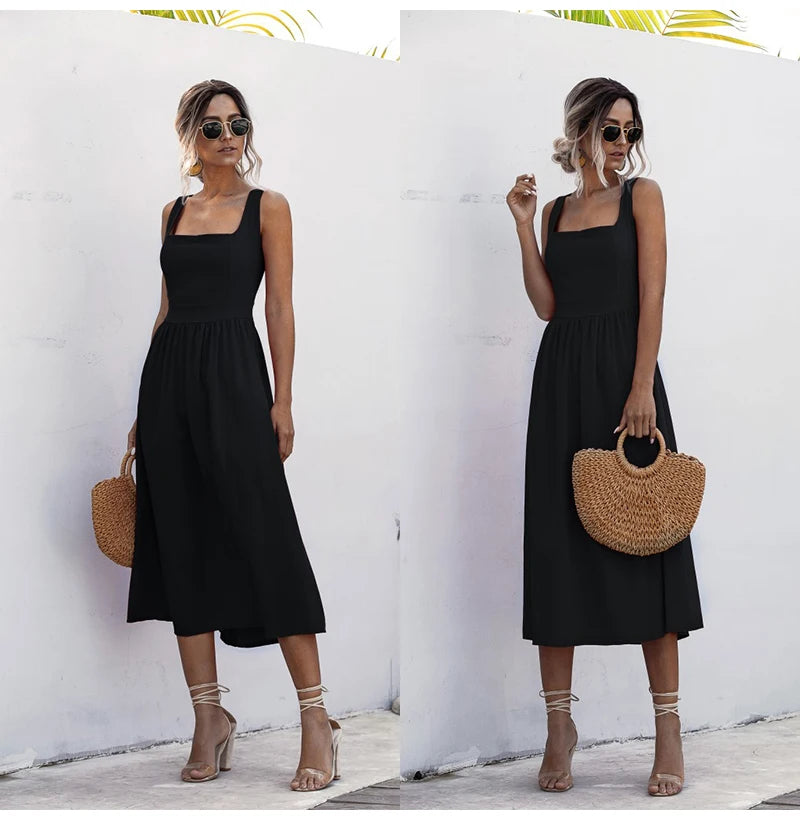 Long Dress For Women Sexy Backless Casual White Black Ruched Midi Sundresses Summer Spaghetti Strap Women's Dress Clothing