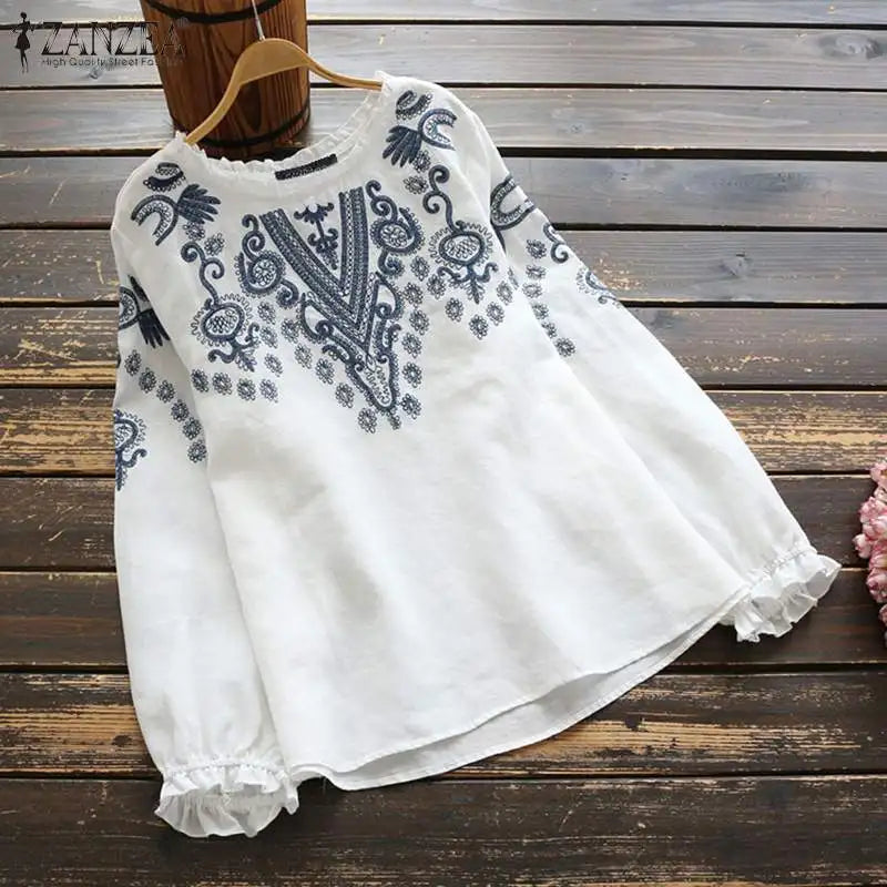 ZANZEA Women Vintage Cotton Linen Blouse Spring Long Sleeve Ruffles Tops Femininas Embroidery Shirt Robe Casual O Neck Blusas 7