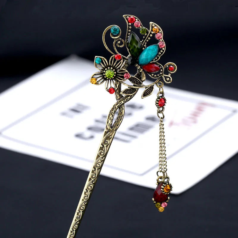 Vintage Rhinestone Butterfly Hair Stick Jewelry Wedding Hair Accessories Charm Metal Hairpins