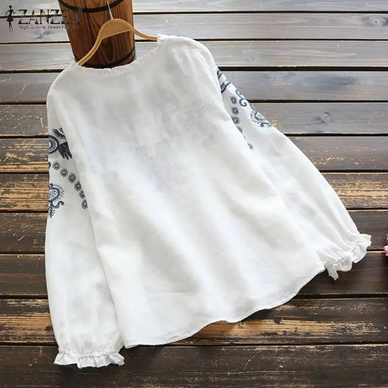 ZANZEA Women Vintage Cotton Linen Blouse Spring Long Sleeve Ruffles Tops Femininas Embroidery Shirt Robe Casual O Neck Blusas 7