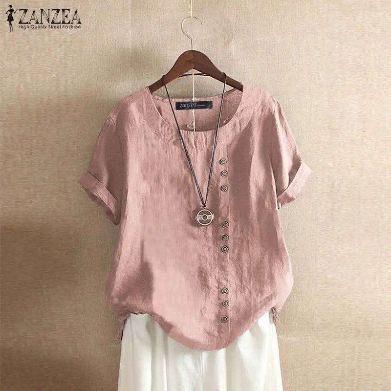 Elegant Cotton Tops Women's Summer Blouse ZANZEA Casual Long Sleeve Shirts Female O Neck Button Blusas Tunic