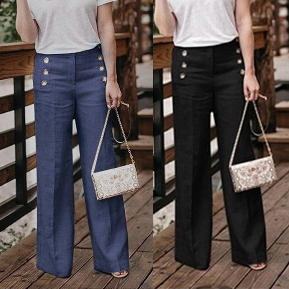 Pants Women Wide Leg Pants Solid Color Buttons High Waist Wide Leg Pants Women Cotton Linen Long Trousers Loose Pants All-match