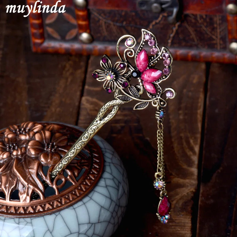 Vintage Rhinestone Butterfly Hair Stick Jewelry Wedding Hair Accessories Charm Metal Hairpins