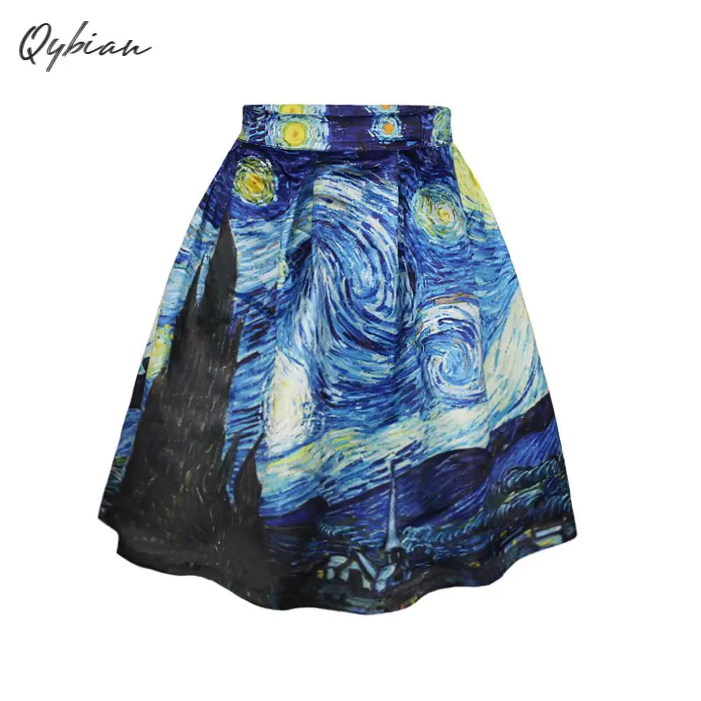Qybian New Faldas Vintage Van Gogh Print Ladies Skirts High Waist Womens Skirts Plus Size Skirt