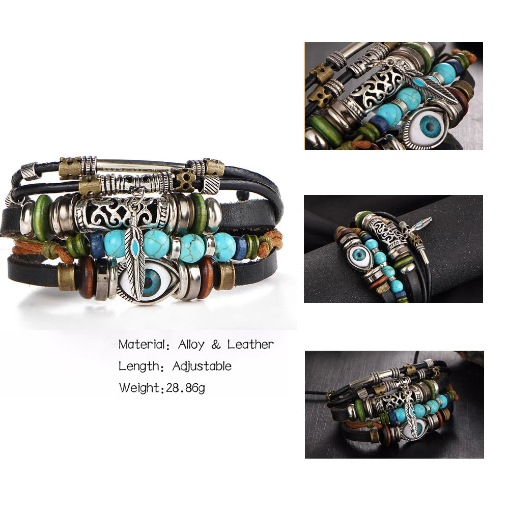 17KM Punk Design Turkish Eye Bracelets For Men Woman New Fashion Wristband Female Owl Leather Bracelet Stone Vintage Jewelry