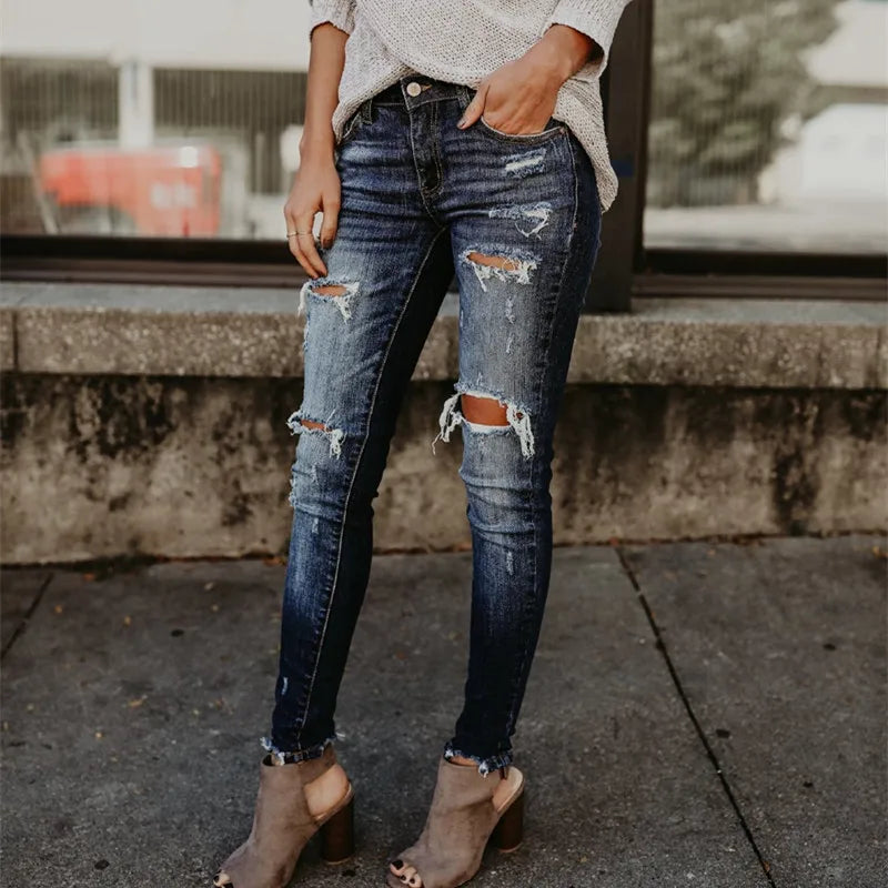 Women Boyfriend Fit Ripped Jeans Pants Cool Denim Vintage skinny push up jeans High Waist Casual ladies jeans Slim mom jeans