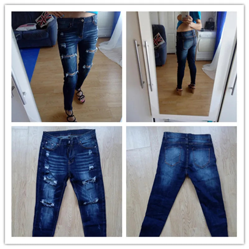 Women Boyfriend Fit Ripped Jeans Pants Cool Denim Vintage skinny push up jeans High Waist Casual ladies jeans Slim mom jeans