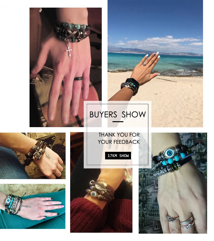 17KM Punk Design Turkish Eye Bracelets For Men Woman New Fashion Wristband Female Owl Leather Bracelet Stone Vintage Jewelry