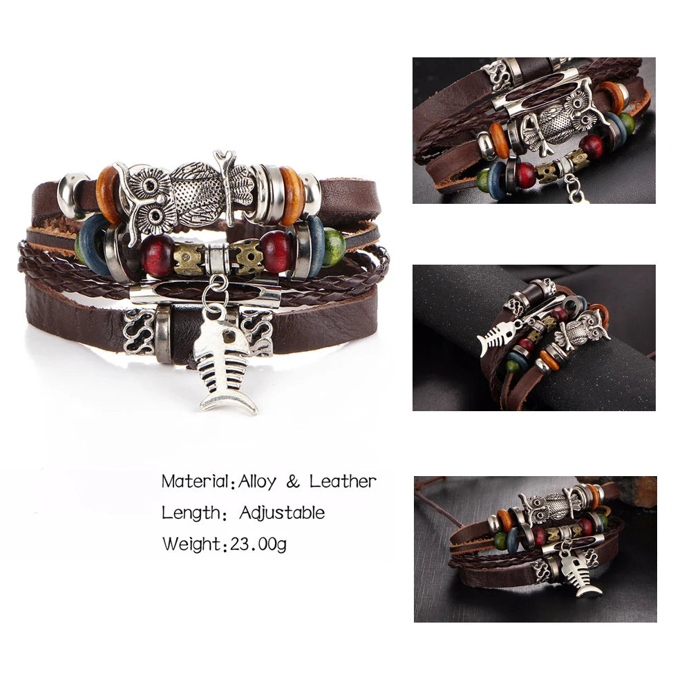 17KM Punk Design Turkish Eye Bracelets For Men Woman New Fashion Wristband Female Owl Leather Bracelet Stone Vintage Jewelry