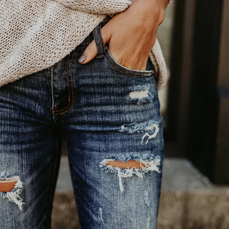 Women Boyfriend Fit Ripped Jeans Pants Cool Denim Vintage skinny push up jeans High Waist Casual ladies jeans Slim mom jeans