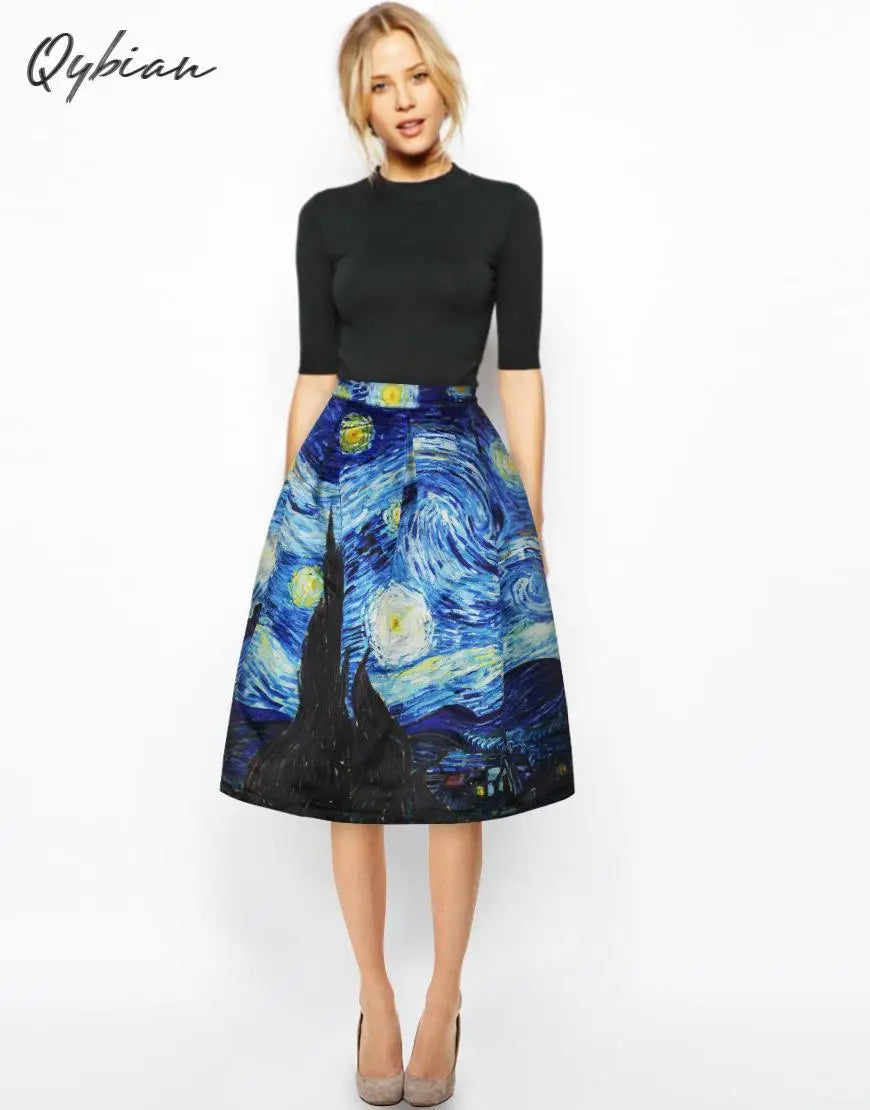 Qybian New Faldas Vintage Van Gogh Print Ladies Skirts High Waist Womens Skirts Plus Size Skirt