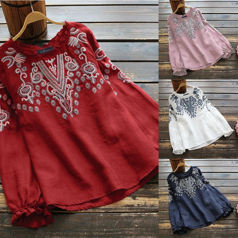 ZANZEA Women Vintage Cotton Linen Blouse Spring Long Sleeve Ruffles Tops Femininas Embroidery Shirt Robe Casual O Neck Blusas 7