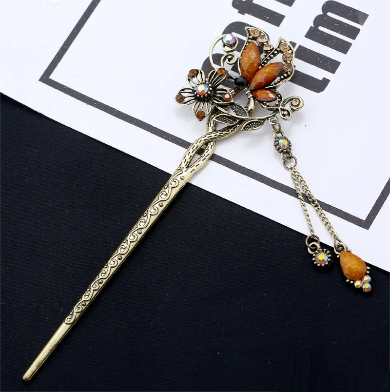 Vintage Rhinestone Butterfly Hair Stick Jewelry Wedding Hair Accessories Charm Metal Hairpins
