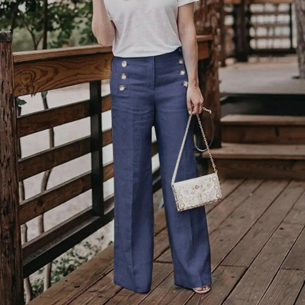 Pants Women Wide Leg Pants Solid Color Buttons High Waist Wide Leg Pants Women Cotton Linen Long Trousers Loose Pants All-match