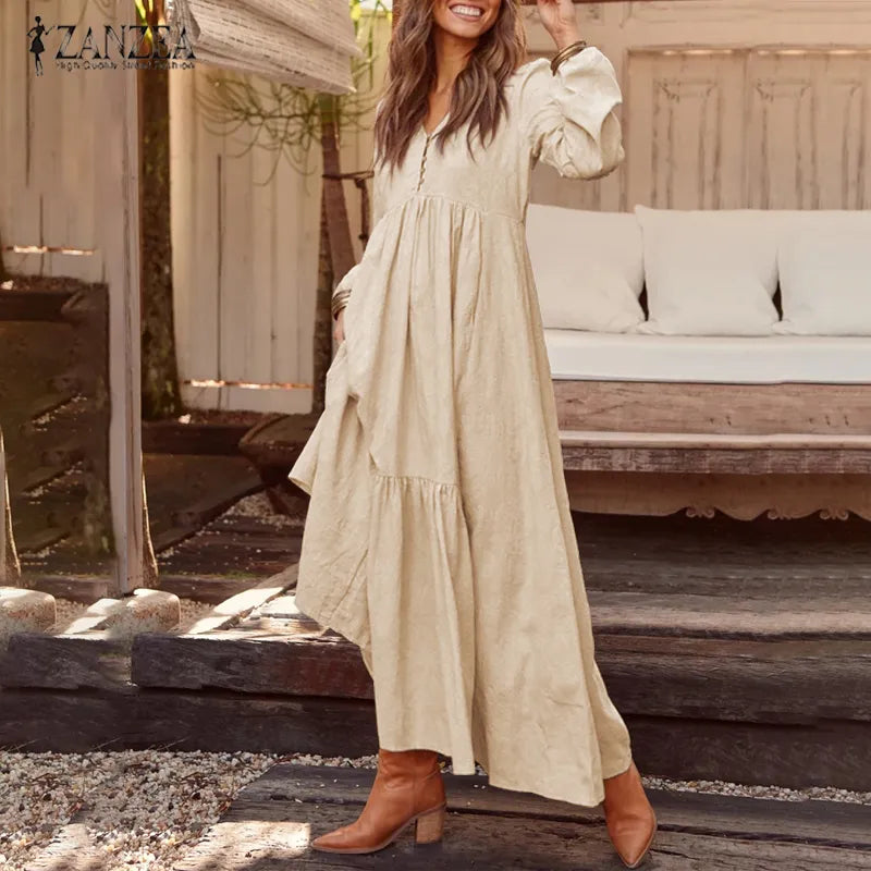 Bohemian Shirt Dress Women's Maxi Sundress ZANZEA Spring Elegant Casual V Neck Ruflle Vestido Female Long Sleeve Tunic Robe