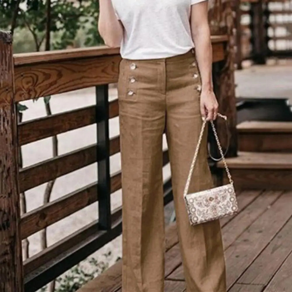 Pants Women Wide Leg Pants Solid Color Buttons High Waist Wide Leg Pants Women Cotton Linen Long Trousers Loose Pants All-match