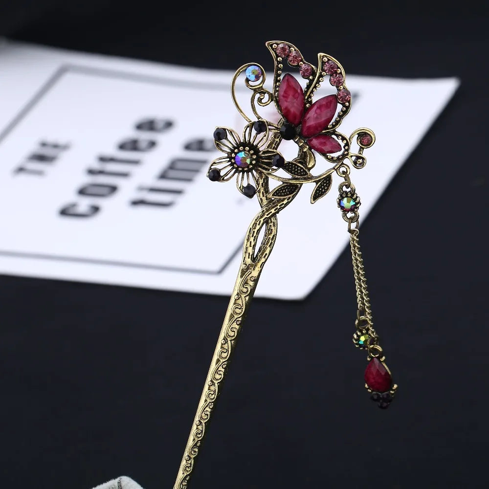 Vintage Rhinestone Butterfly Hair Stick Jewelry Wedding Hair Accessories Charm Metal Hairpins
