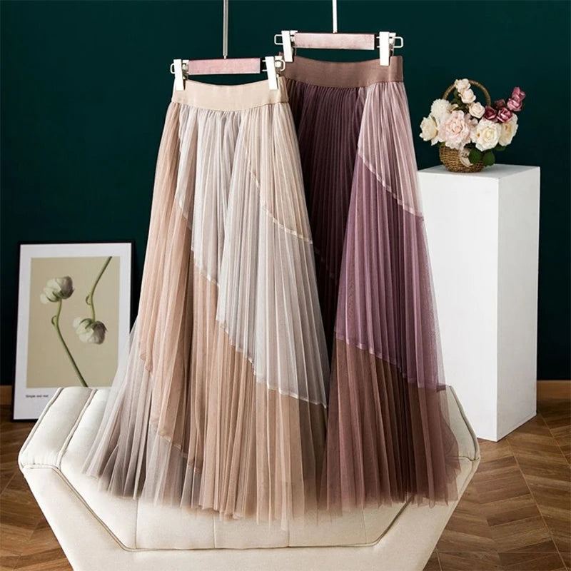 Spring Autumn Women's Elegant Fashion Patchwork Mesh Skirt Ladies Loose Casual All-match Pleated A-line Skirts Female Clothes