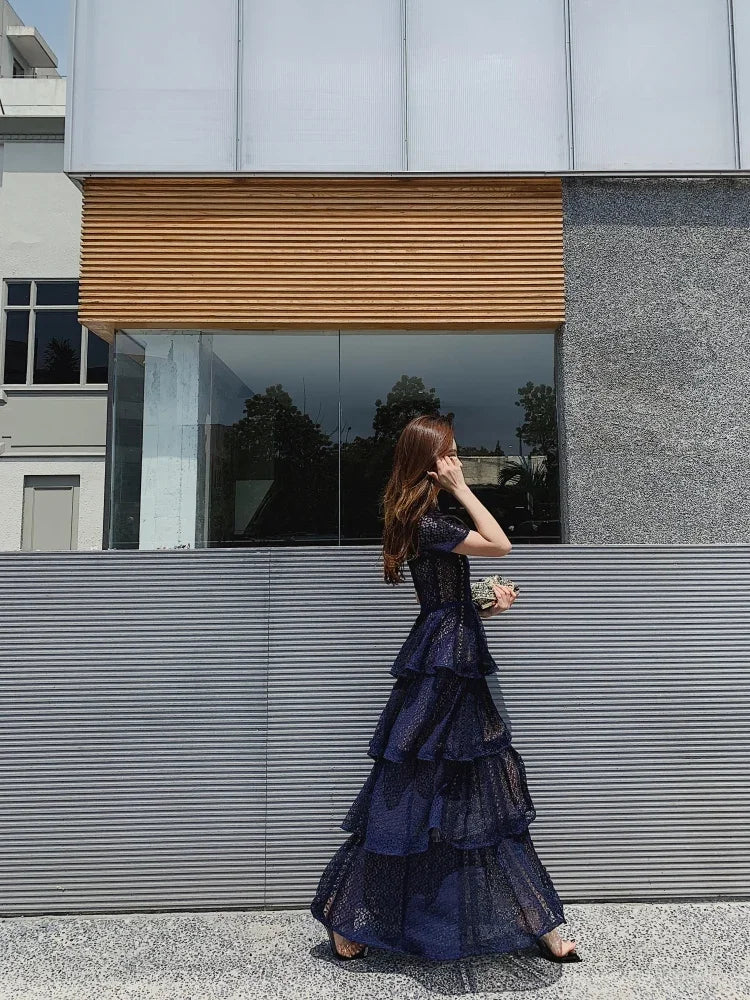 Maxi Dresses for Women New Summer Dark Blue Exquisite Lace Stitching Short Sleeve Multi-layer Cake Dress Slimming Dress