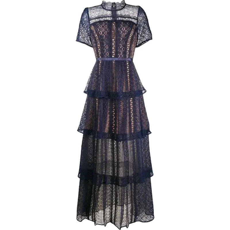 Maxi Dresses for Women New Summer Dark Blue Exquisite Lace Stitching Short Sleeve Multi-layer Cake Dress Slimming Dress