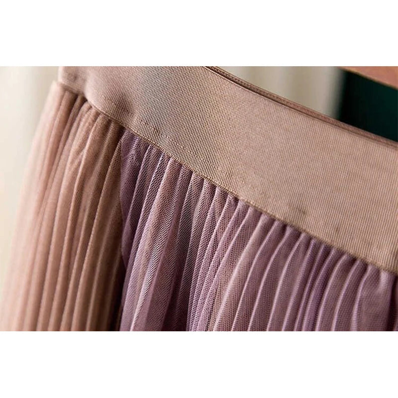 Spring Autumn Women's Elegant Fashion Patchwork Mesh Skirt Ladies Loose Casual All-match Pleated A-line Skirts Female Clothes