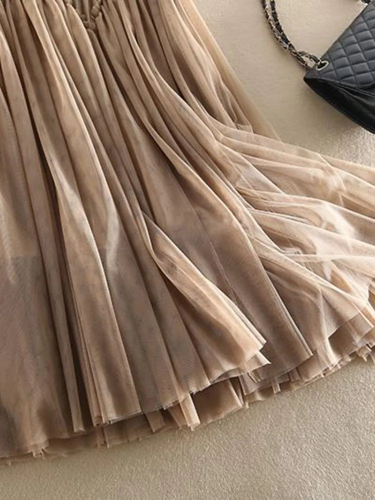 UCXQ Elegant Women's Clothing Lace Spliced Mesh A-line High Waist Khaki Black Fashion Skirts Spring Summer 23A7144
