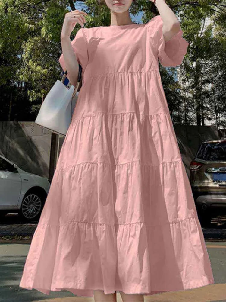 ZANZEA Fashion Ruffle Dress Women Solid Long Robe Summer Casual Puff Sleeve Maxi Vestidos A Line Dresses Oversize Sundress