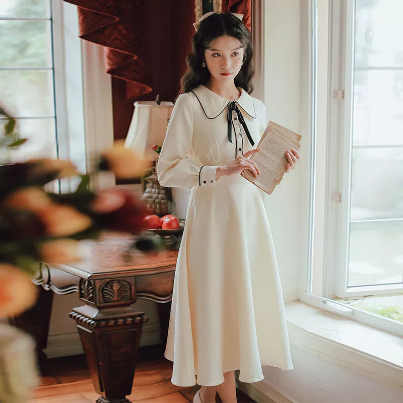 women's clothingVintage Solid Long Sleeve Bow Peter Pan Collar Woman DressVintage Solid Long Sleeve Bow Peter Pan Collar Woman Dress for Women CA Beautiful Vintage Life