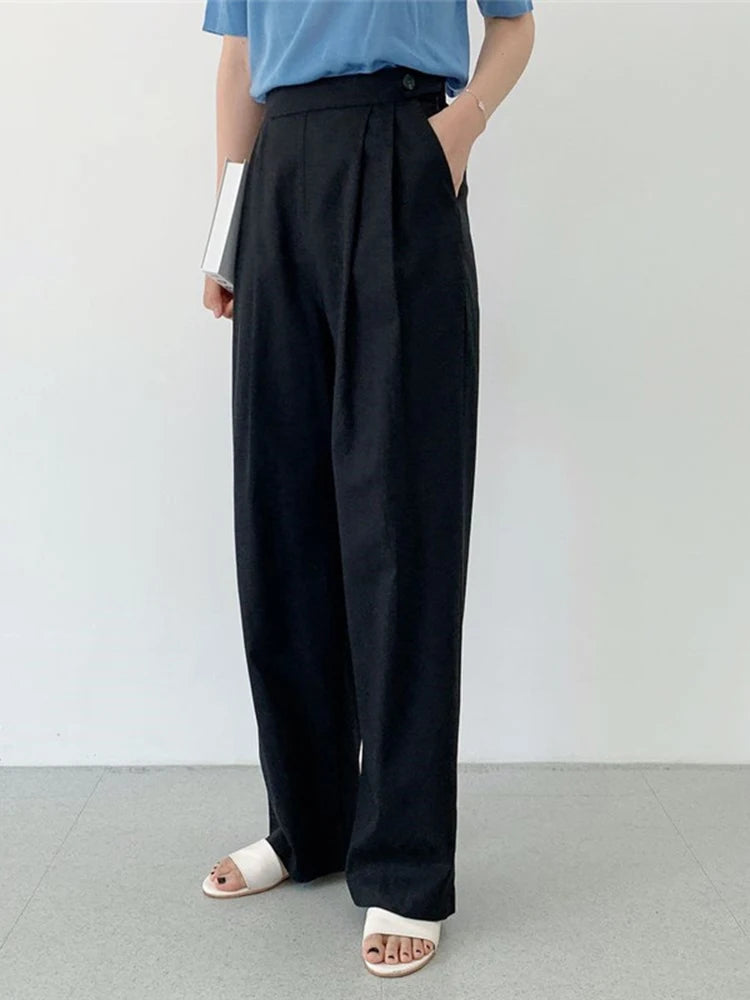 QOERLIN Linen Pants Women New High Waisted Wide Leg Office Ladies Trousers with Pocket Solid Pants Fashion Casual