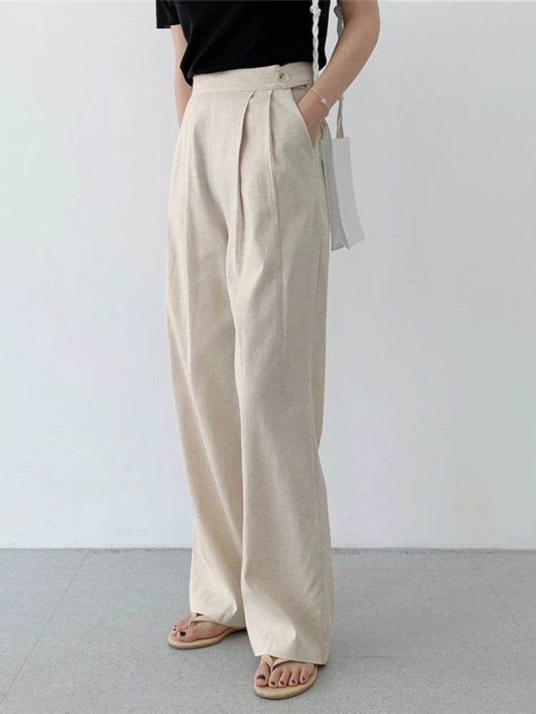 QOERLIN Linen Pants Women New High Waisted Wide Leg Office Ladies Trousers with Pocket Solid Pants Fashion Casual