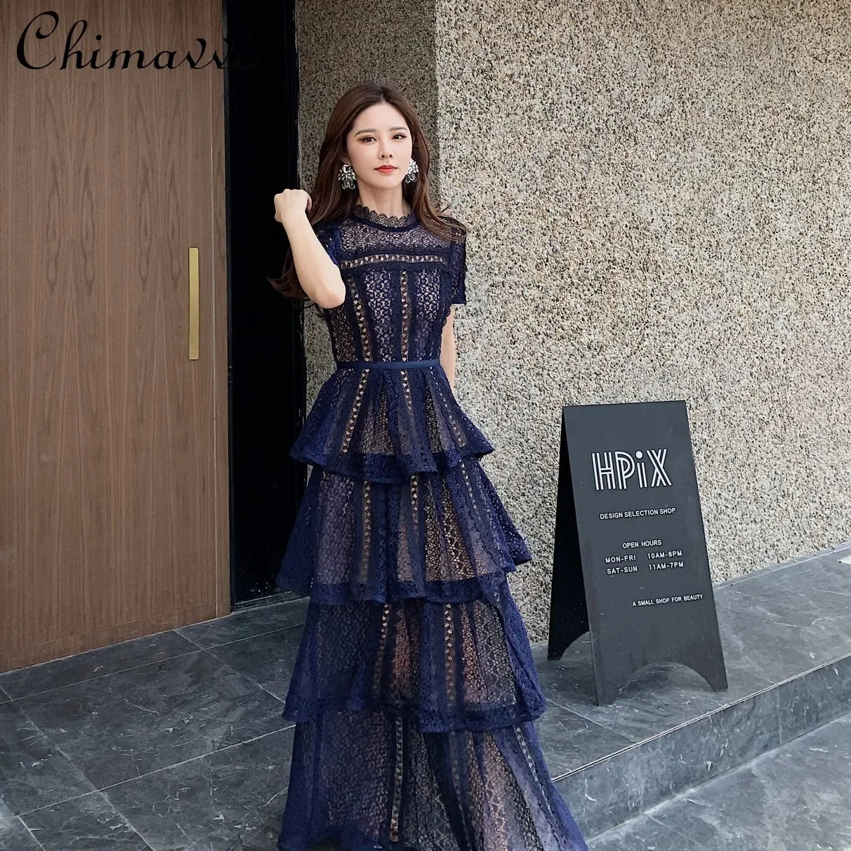 Maxi Dresses for Women New Summer Dark Blue Exquisite Lace Stitching Short Sleeve Multi-layer Cake Dress Slimming Dress