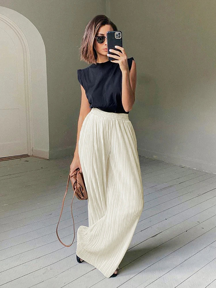 Mnealways18 Beige Pleated Wide Leg Pants Womens Pants Fashion Casual Loose Trousers Office Lady Elegant Long Palazzo Pants
