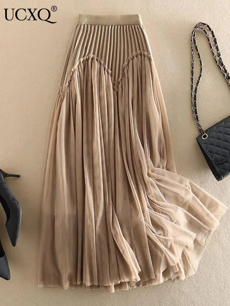 UCXQ Elegant Women's Clothing Lace Spliced Mesh A-line High Waist Khaki Black Fashion Skirts Spring Summer 23A7144