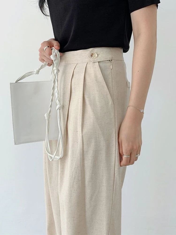 QOERLIN Linen Pants Women New High Waisted Wide Leg Office Ladies Trousers with Pocket Solid Pants Fashion Casual