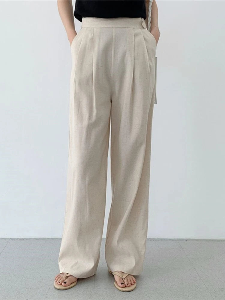 QOERLIN Linen Pants Women New High Waisted Wide Leg Office Ladies Trousers with Pocket Solid Pants Fashion Casual