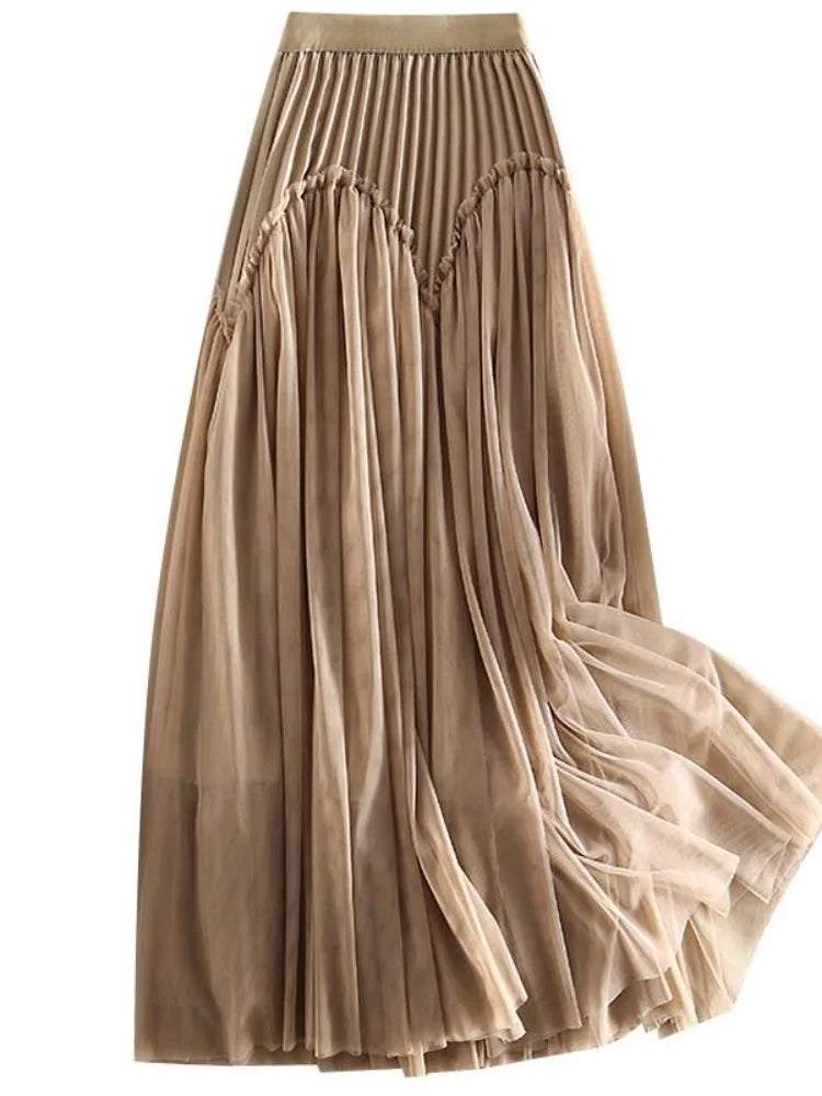 UCXQ Elegant Women's Clothing Lace Spliced Mesh A-line High Waist Khaki Black Fashion Skirts Spring Summer 23A7144