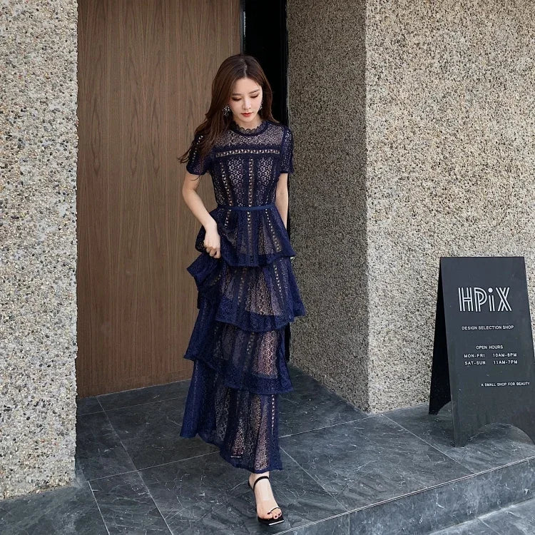 Maxi Dresses for Women New Summer Dark Blue Exquisite Lace Stitching Short Sleeve Multi-layer Cake Dress Slimming Dress