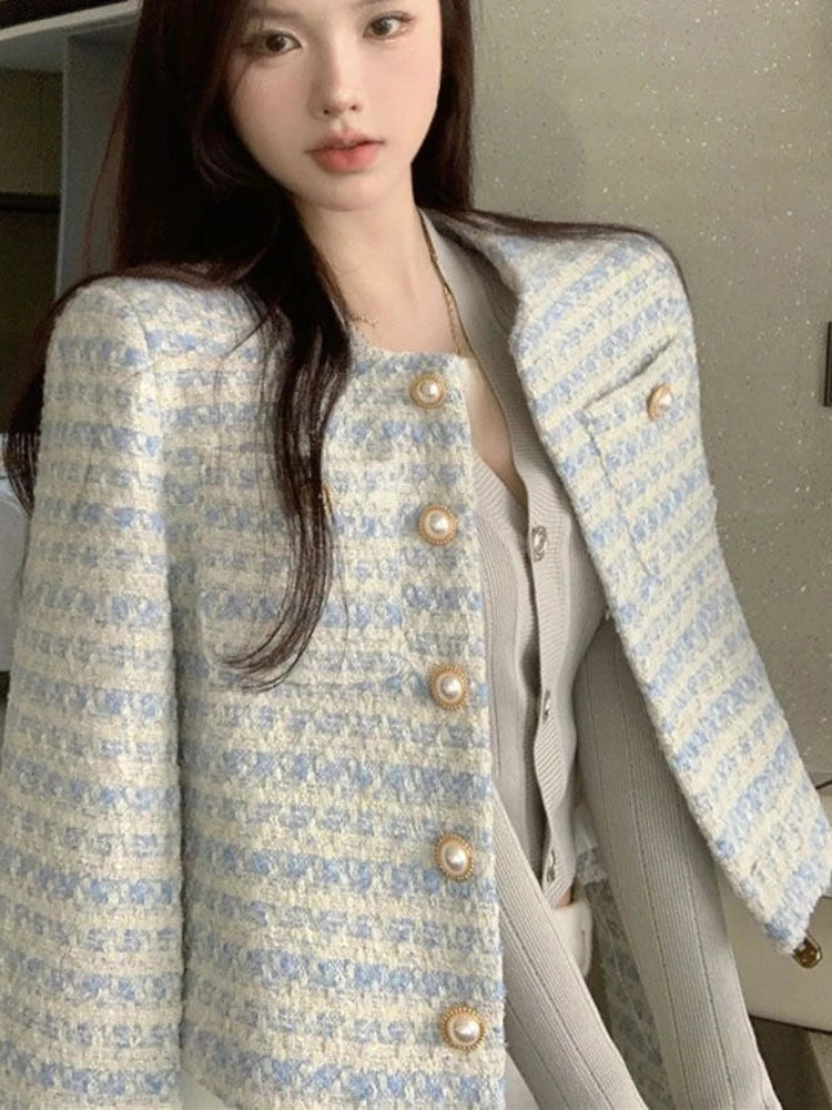 Woherb Casual Tops Fashion Tweed Striped Jackets for Women Ropa Mujer Temperament Tunic Vintage Coat Women's Clothes