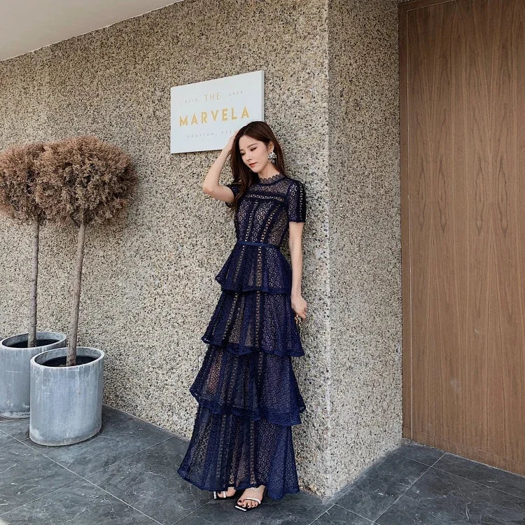 Maxi Dresses for Women New Summer Dark Blue Exquisite Lace Stitching Short Sleeve Multi-layer Cake Dress Slimming Dress