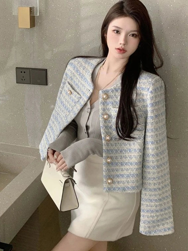 Woherb Casual Tops Fashion Tweed Striped Jackets for Women Ropa Mujer Temperament Tunic Vintage Coat Women's Clothes