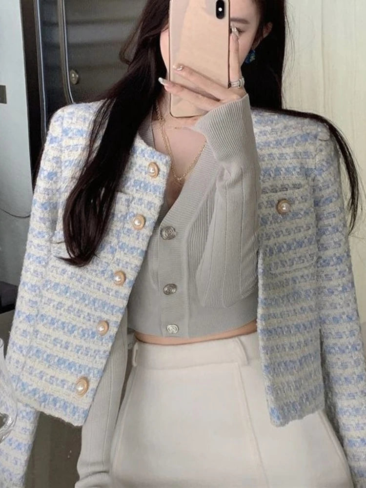 Woherb Casual Tops Fashion Tweed Striped Jackets for Women Ropa Mujer Temperament Tunic Vintage Coat Women's Clothes