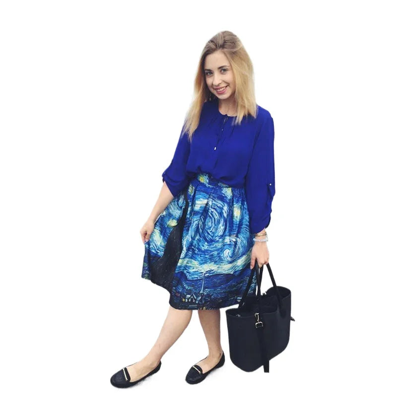 Qybian New Faldas Vintage Van Gogh Print Ladies Skirts High Waist Womens Skirts Plus Size Skirt