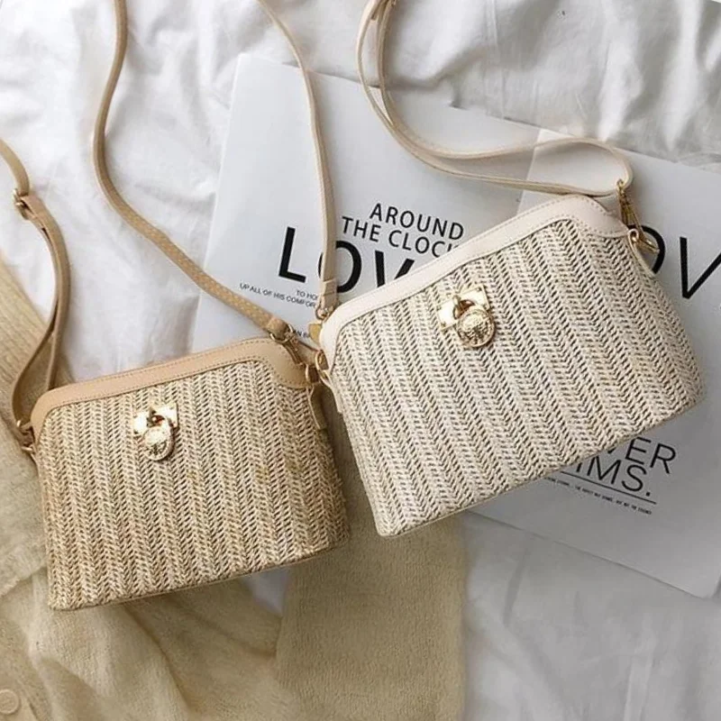 Casual Chains Straw Bucket Bags Women Summer Messenger Bag Rattan Bags Beach Lady Travel Purses and Handbags Shoulder Bag